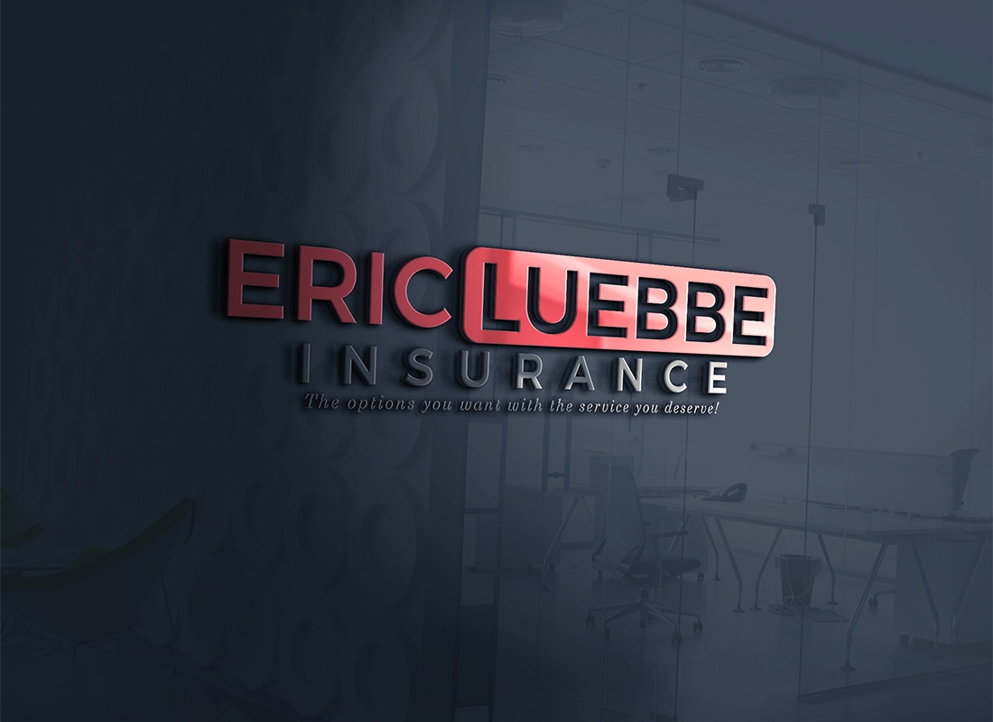 Contact - 3D View of the Eric Luebbe Insurance Logo Against a Dark Business Office Themed Background